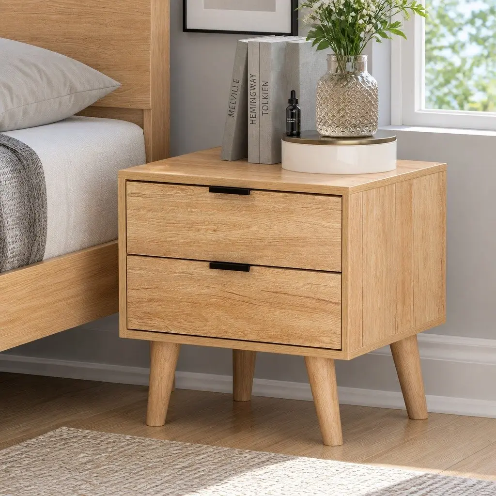 Bedside Table with 2 Drawers and Pine Legs