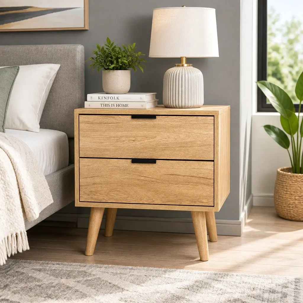 Bedside Table with 2 Drawers and Pine Legs