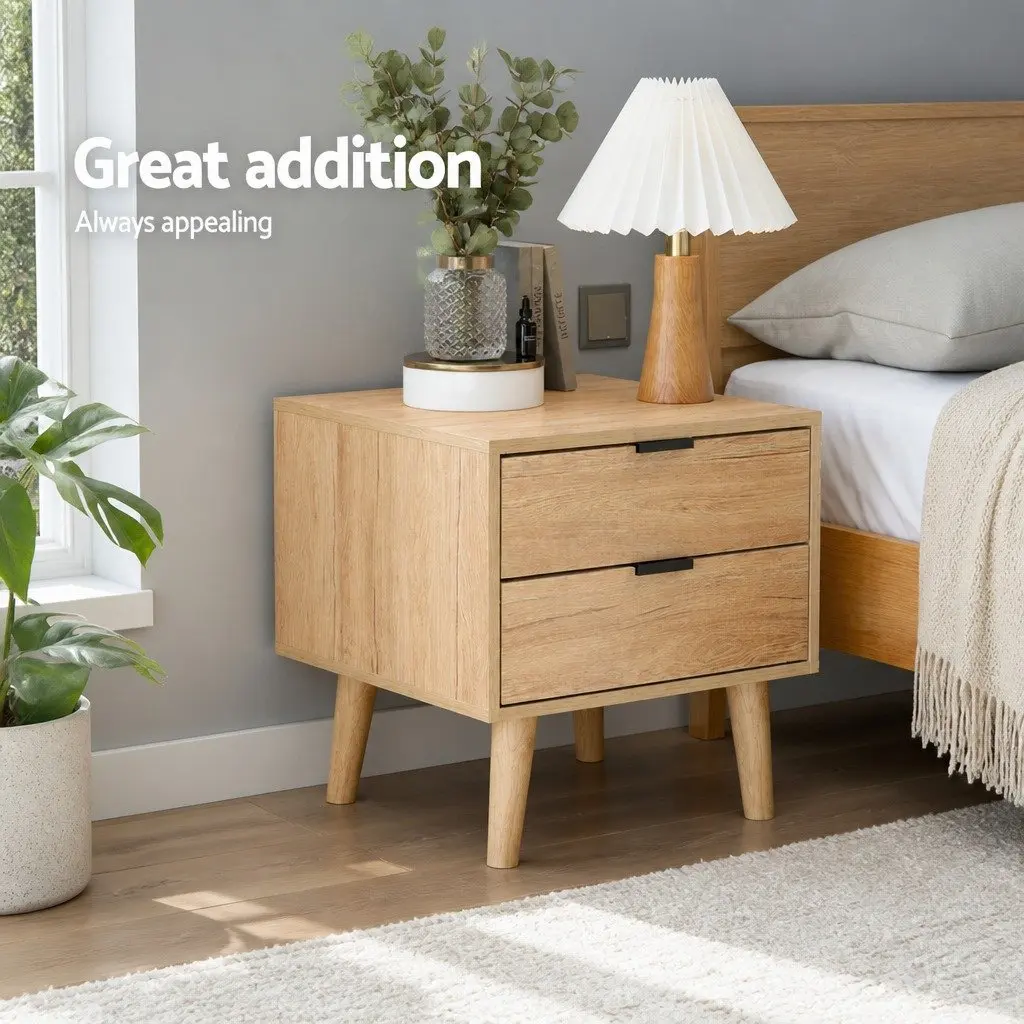 Bedside Table with 2 Drawers and Pine Legs