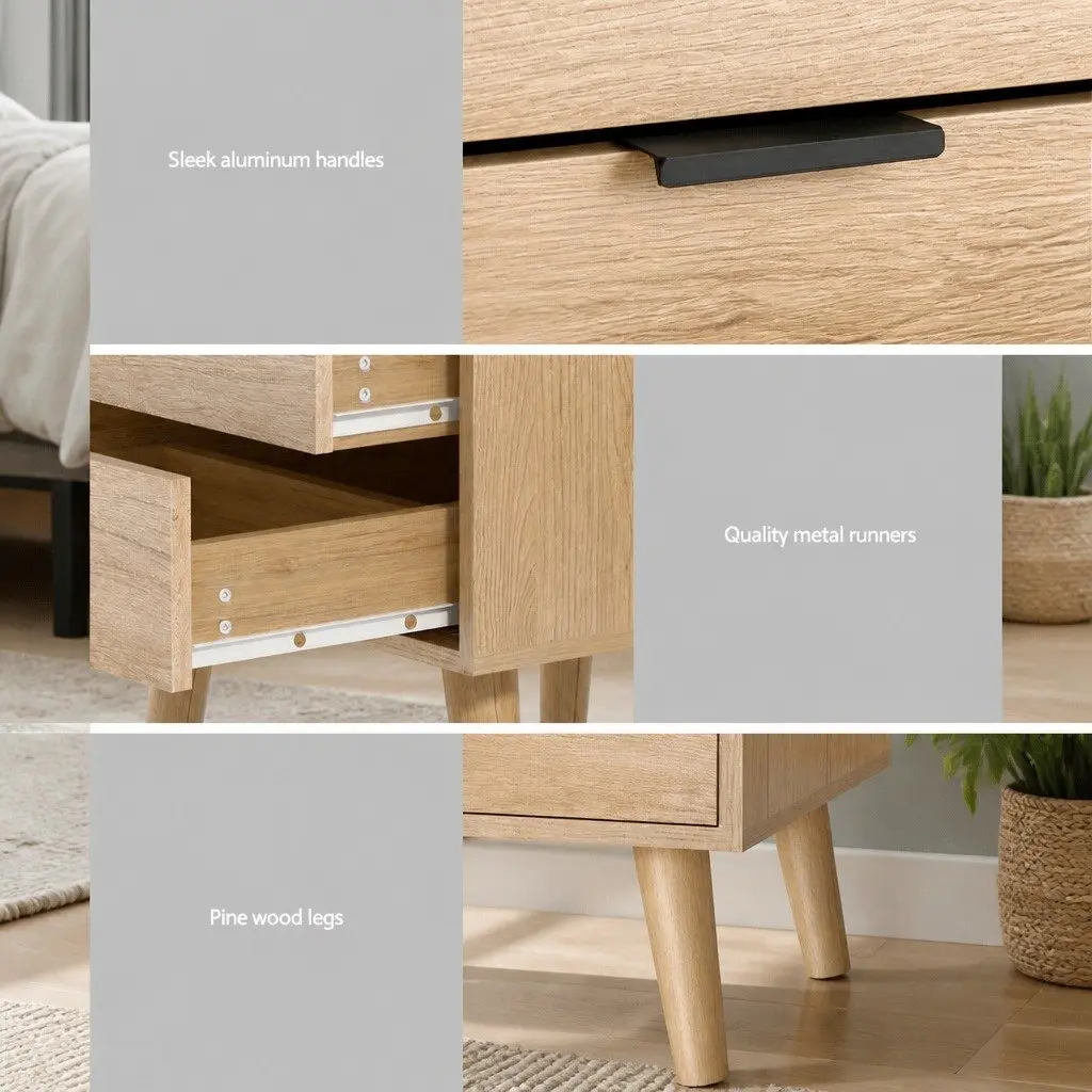 Bedside Table with 2 Drawers and Pine Legs