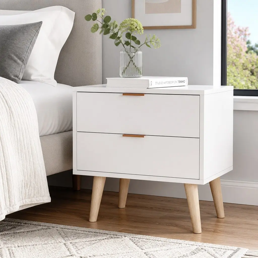 White Bedside Table with 2 Drawers