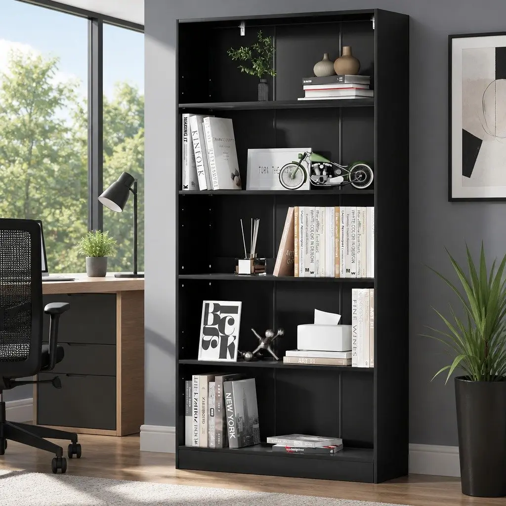 5-Tier Bookshelf Particle Board 91cm x 30cm x 182cm Black
