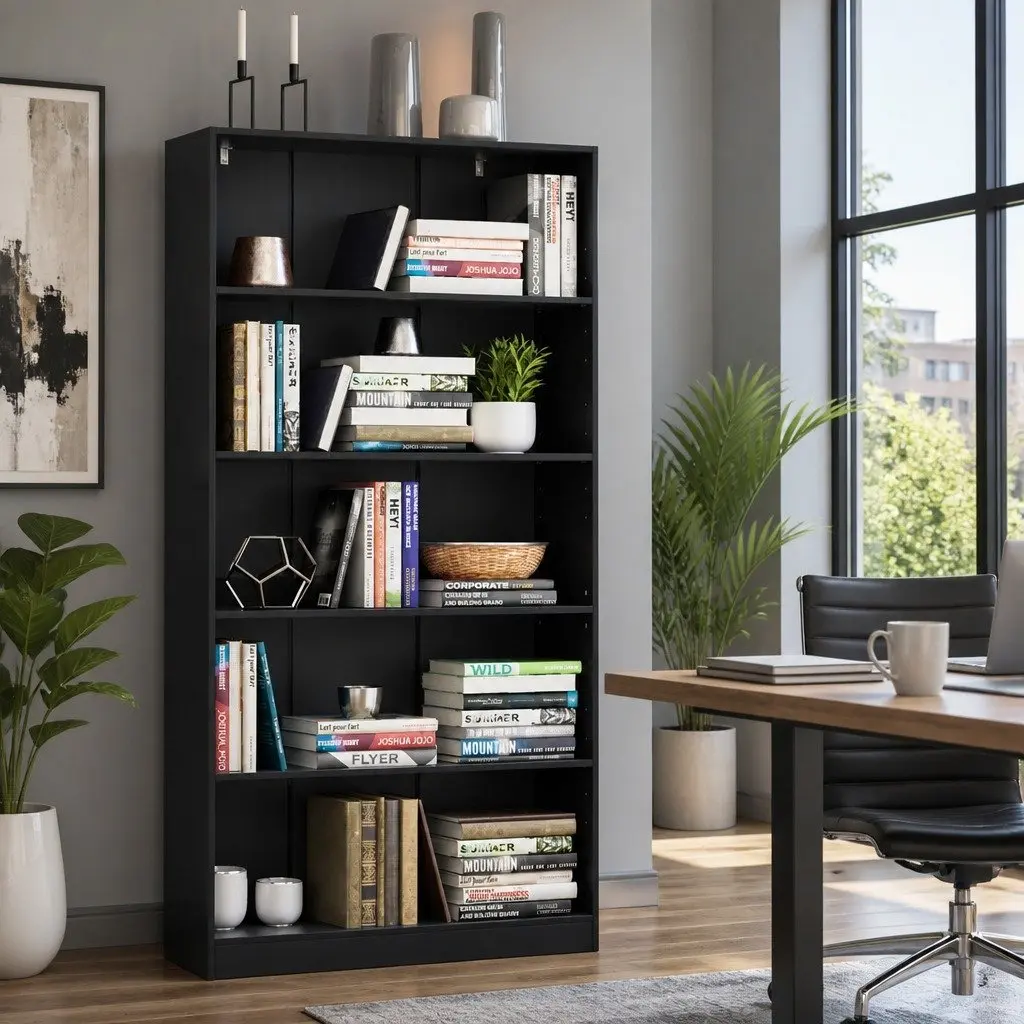 5-Tier Bookshelf Particle Board 91cm x 30cm x 182cm Black