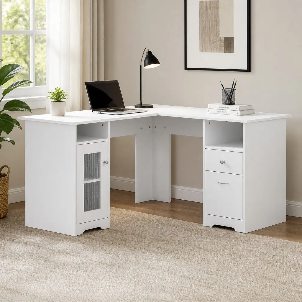 L-Shape Computer Desk with Storage and Drawers