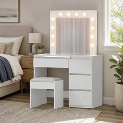 LED Dressing Table with Mirror Stool White Makeup Vanity 12 Bulbs Lights Drawers