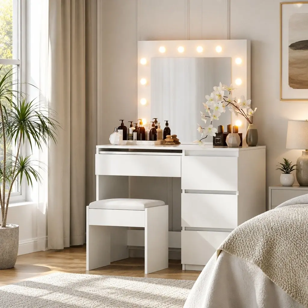 LED Dressing Table with Mirror Stool White Makeup Vanity 12 Bulbs Lights Drawers