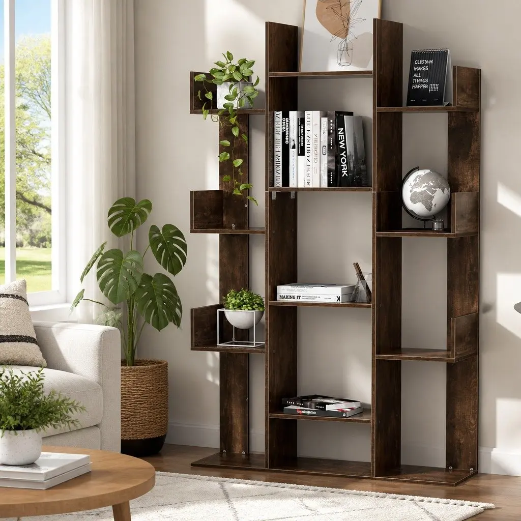 Tree-Shaped Bookshelf Particle Board 86cm x 25cm x 140cm Walnut 13-Shelf Display Bookcase Storage Rack Home Office