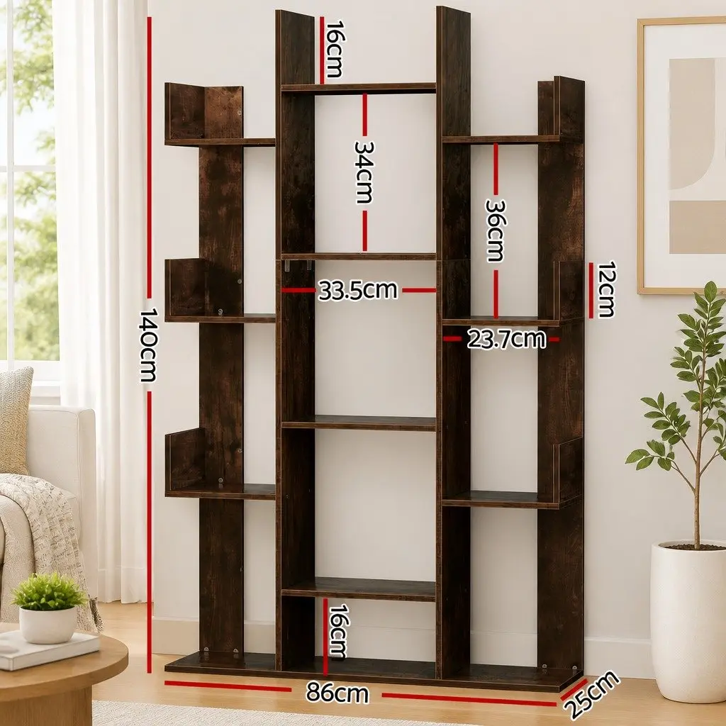 Tree-Shaped Bookshelf Particle Board 86cm x 25cm x 140cm Walnut 13-Shelf Display Bookcase Storage Rack Home Office