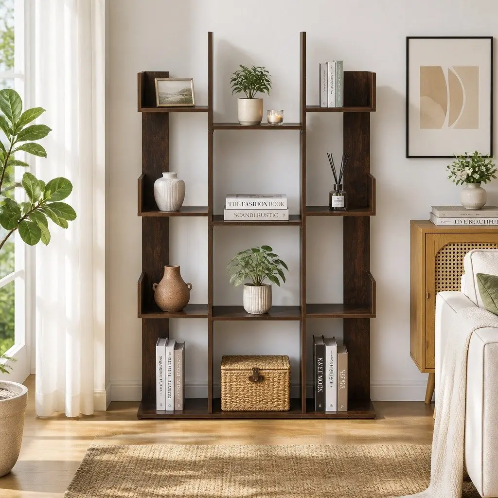 Tree-Shaped Bookshelf Particle Board 86cm x 25cm x 140cm Walnut 13-Shelf Display Bookcase Storage Rack Home Office