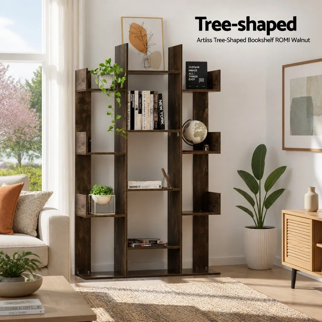 Tree-Shaped Bookshelf Particle Board 86cm x 25cm x 140cm Walnut 13-Shelf Display Bookcase Storage Rack Home Office