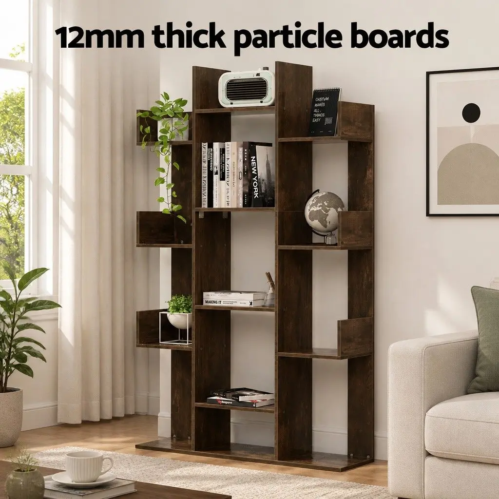 Tree-Shaped Bookshelf Particle Board 86cm x 25cm x 140cm Walnut 13-Shelf Display Bookcase Storage Rack Home Office