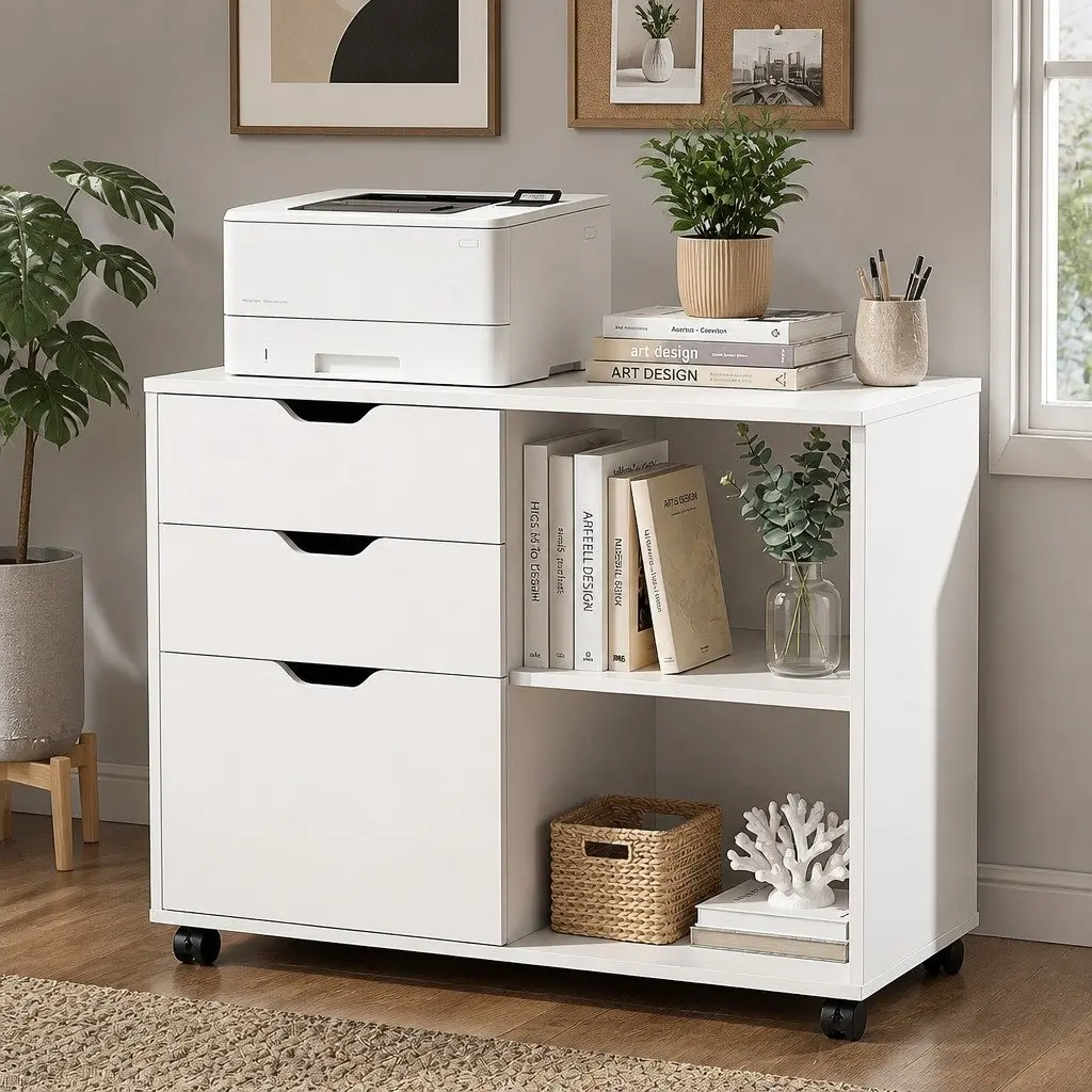 3 Drawer Mobile Filing Cabinet Particle Board Iron 81cm White