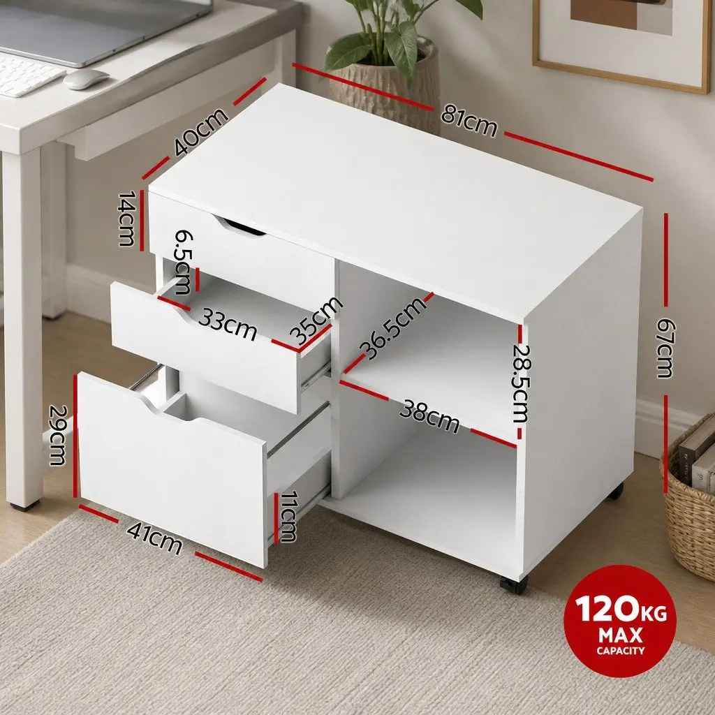 3 Drawer Mobile Filing Cabinet Particle Board Iron 81cm White