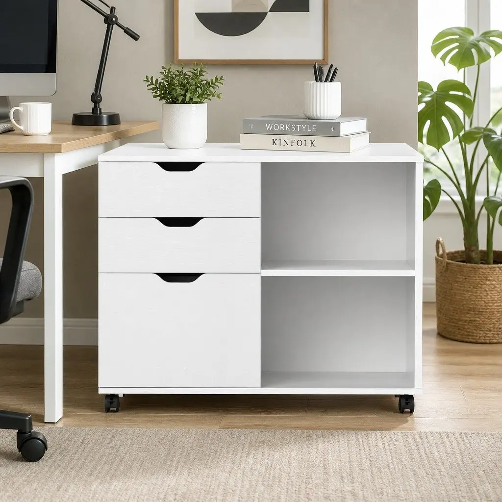 3 Drawer Mobile Filing Cabinet Particle Board Iron 81cm White
