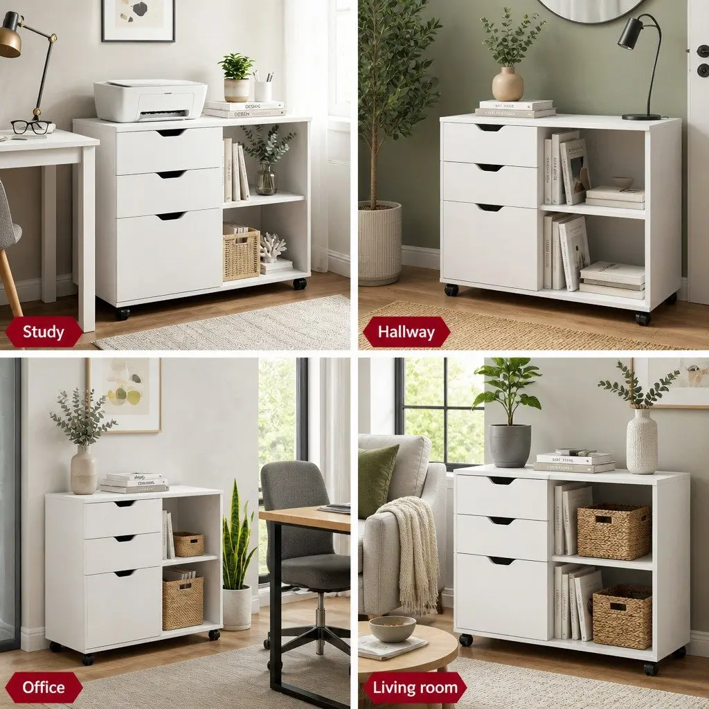 3 Drawer Mobile Filing Cabinet Particle Board Iron 81cm White