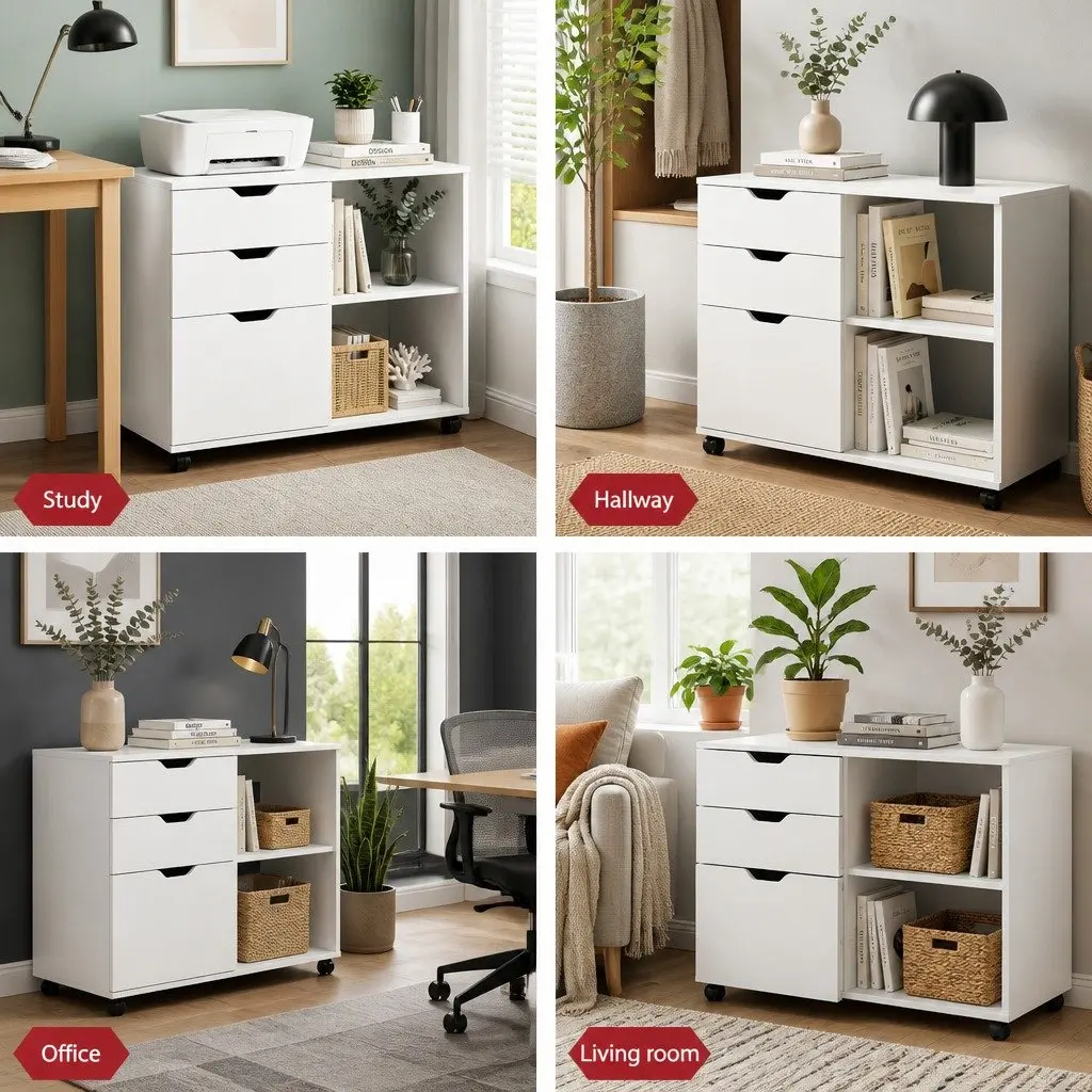 3 Drawer Mobile Filing Cabinet Particle Board Iron 81cm White