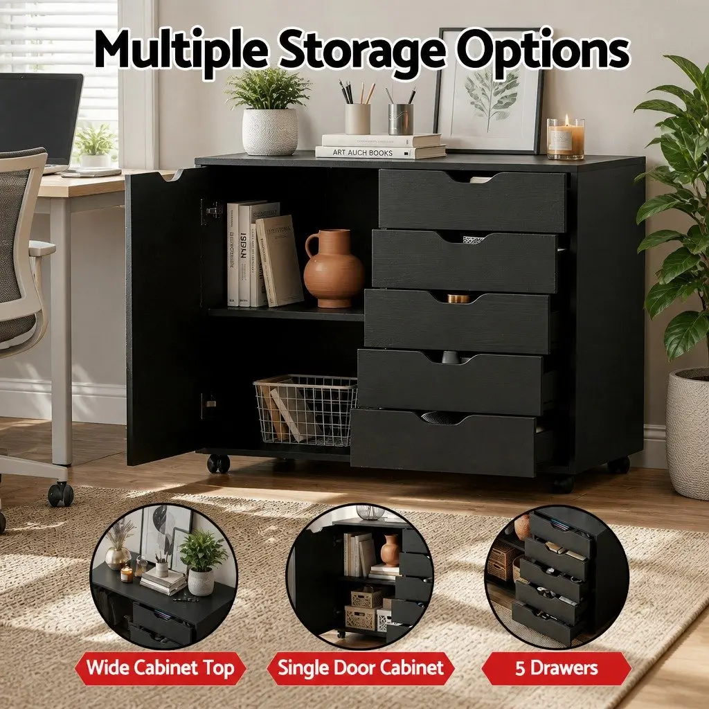 Mobile Filing Cabinet Particle Board Iron 5 Drawer Storage Unit Black
