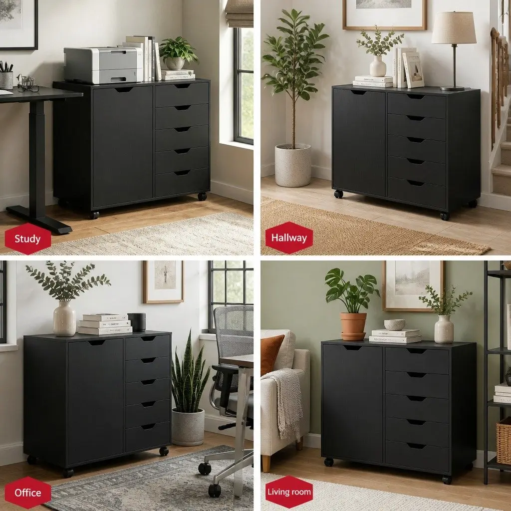 Mobile Filing Cabinet Particle Board Iron 5 Drawer Storage Unit Black
