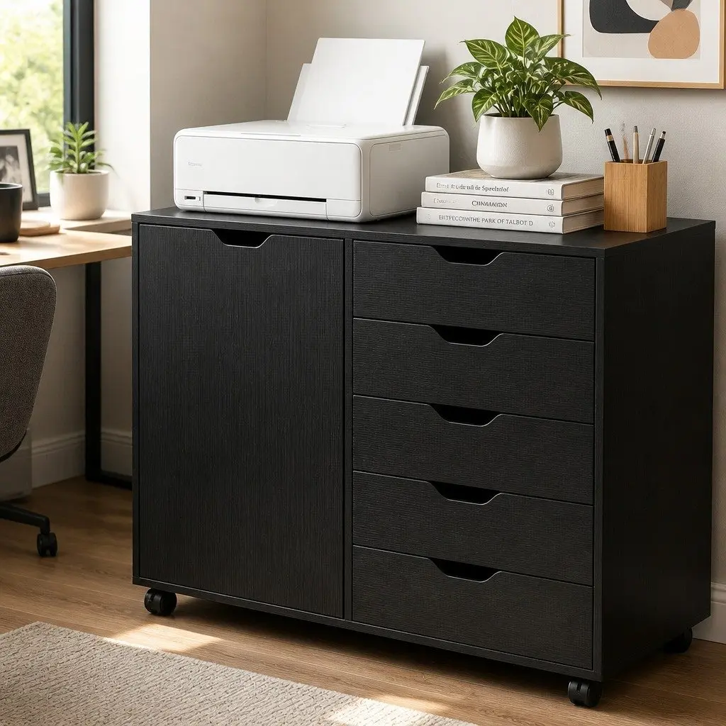 Mobile Filing Cabinet Particle Board Iron 5 Drawer Storage Unit Black