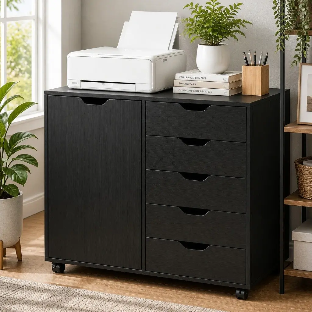 Mobile Filing Cabinet Particle Board Iron 5 Drawer Storage Unit Black