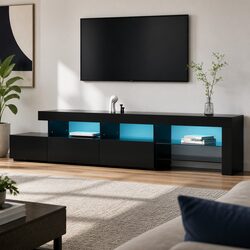Black LED Entertainment Unit TV Cabinet with Glass Shelves