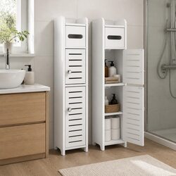 Slim White Bathroom Storage Cabinet with 3-Tier Design