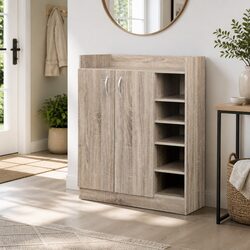 Shoe Rack Cabinet 21 Pairs Storage Adjustable Shelves Two Door Cupboard Natural