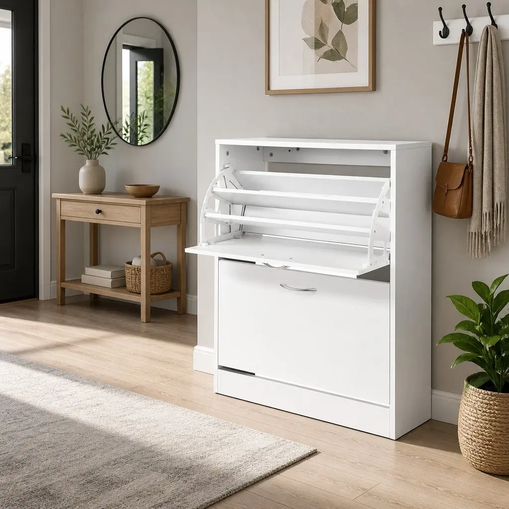 White Shoe Rack Cabinet with Adjustable Shelves
