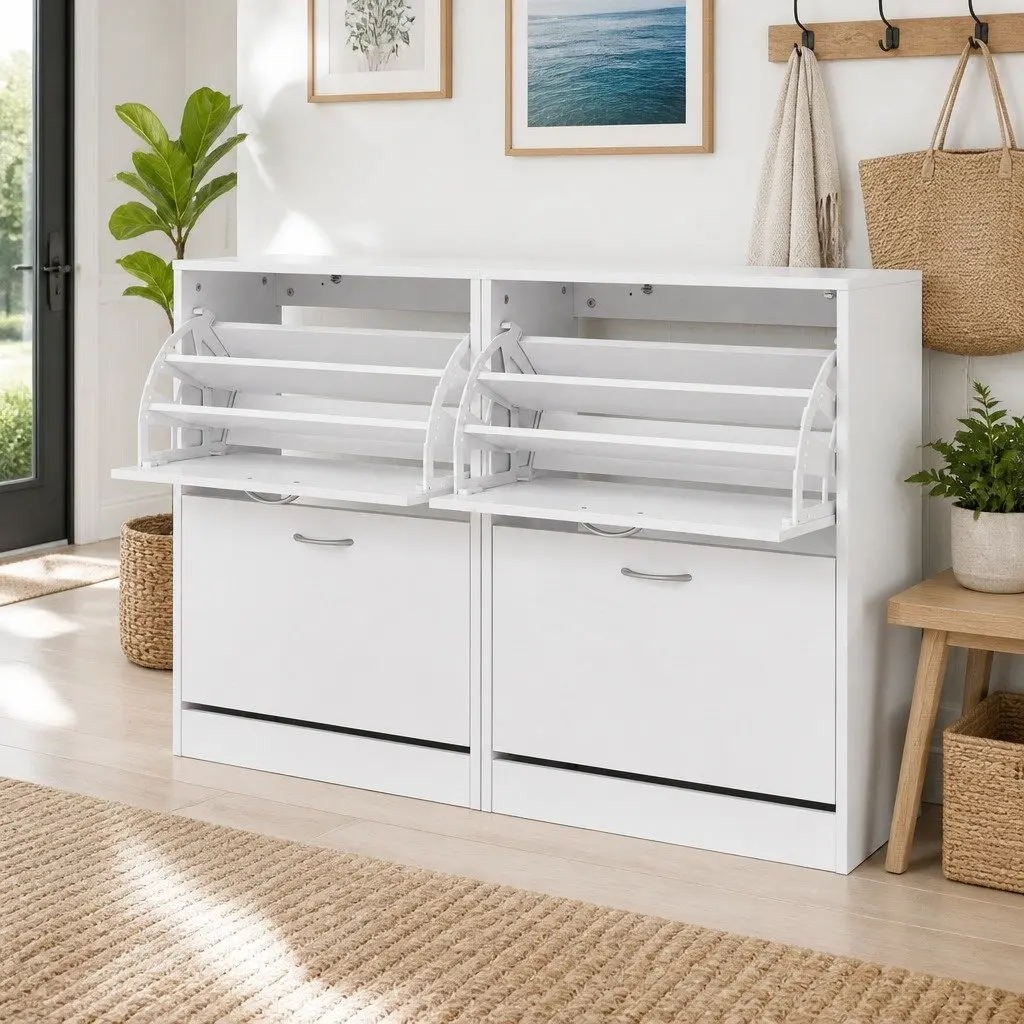 White Shoe Cabinet with 2 Flip Drawers 63x29x84cm