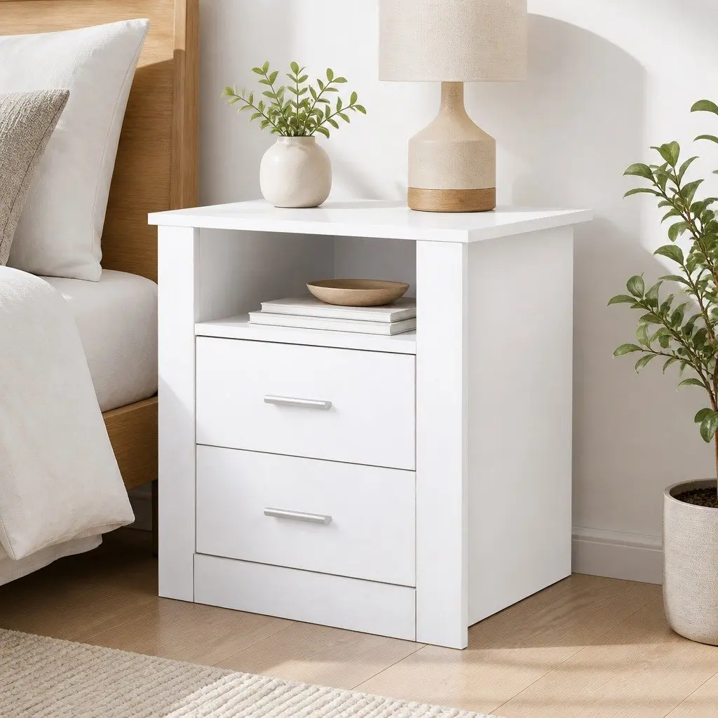 White Bedside Table with 2 Drawers and Shelf