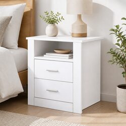Stylish White Bedside Table with 2 Drawers and Shelf