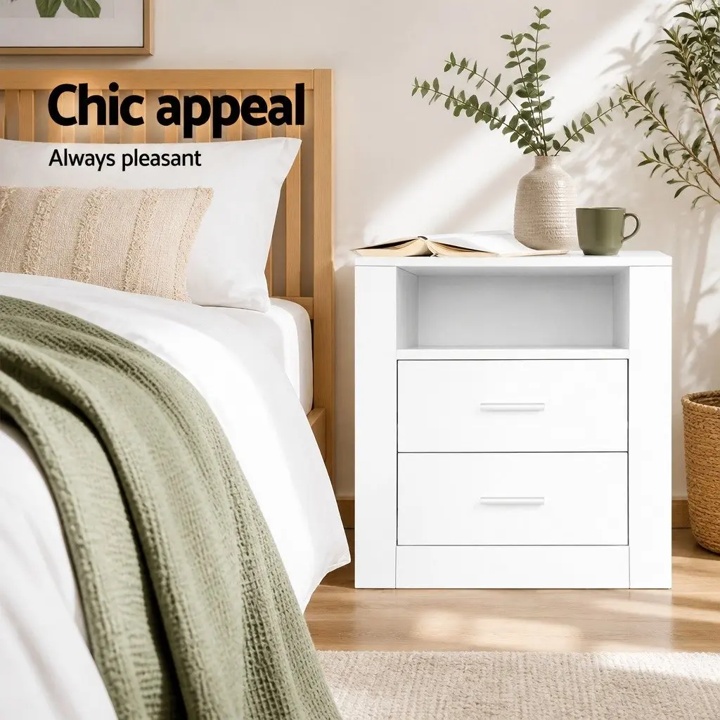 White Bedside Table with 2 Drawers and Shelf