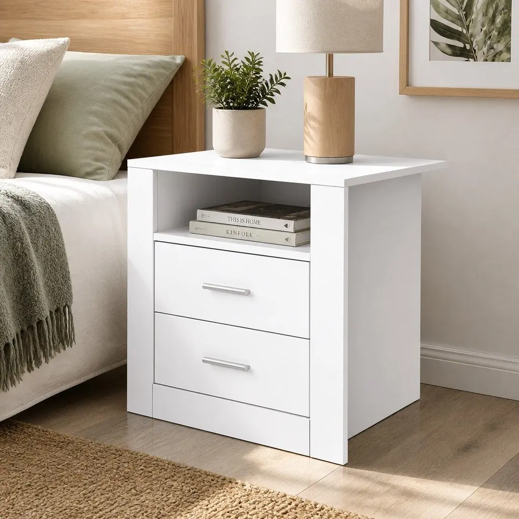 White Bedside Table with 2 Drawers and Shelf