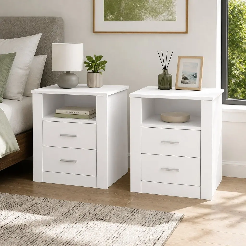 White Bedside Table with 2 Drawers and Shelf