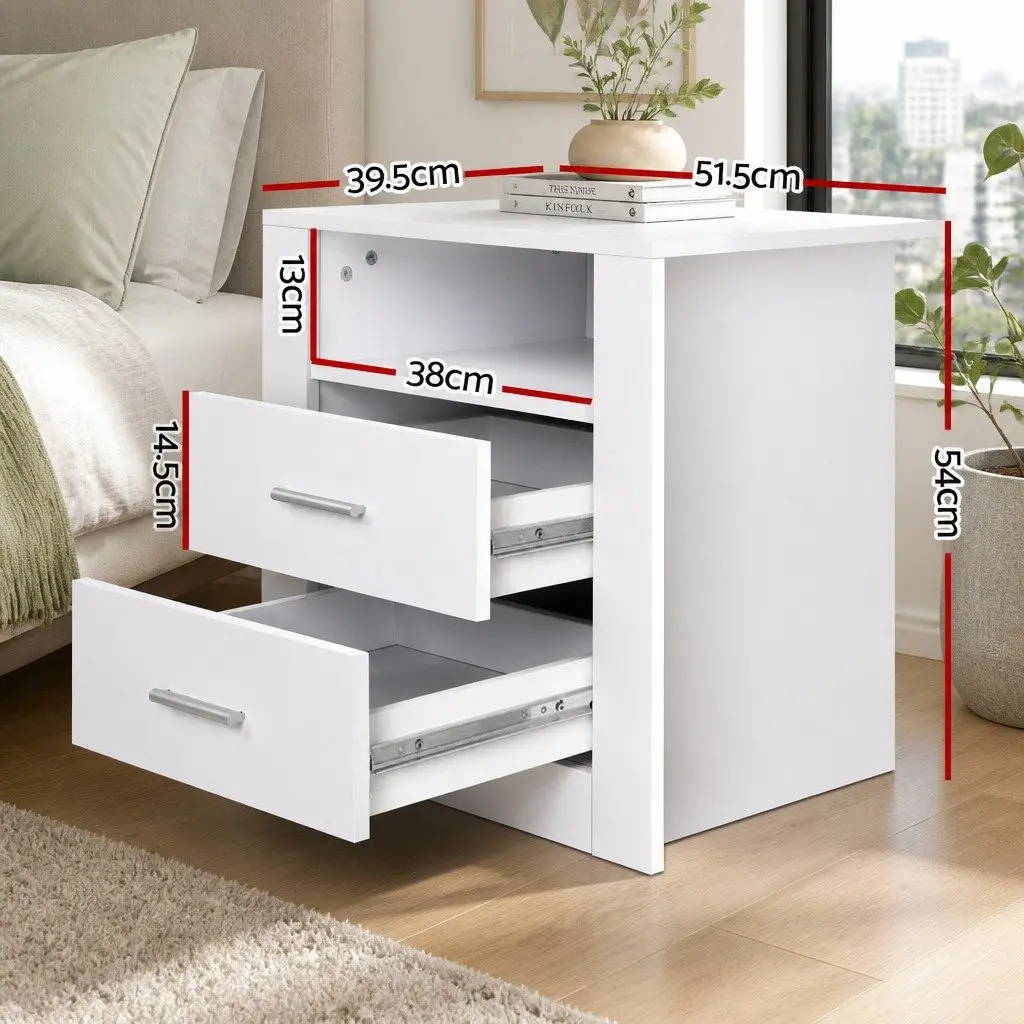 White Bedside Table with 2 Drawers and Shelf