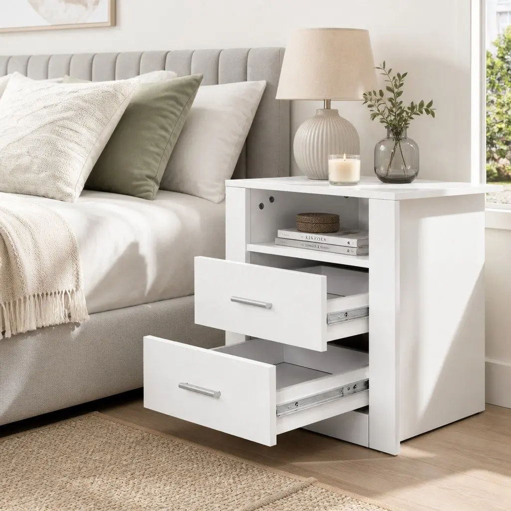 White Bedside Table with 2 Drawers and Shelf