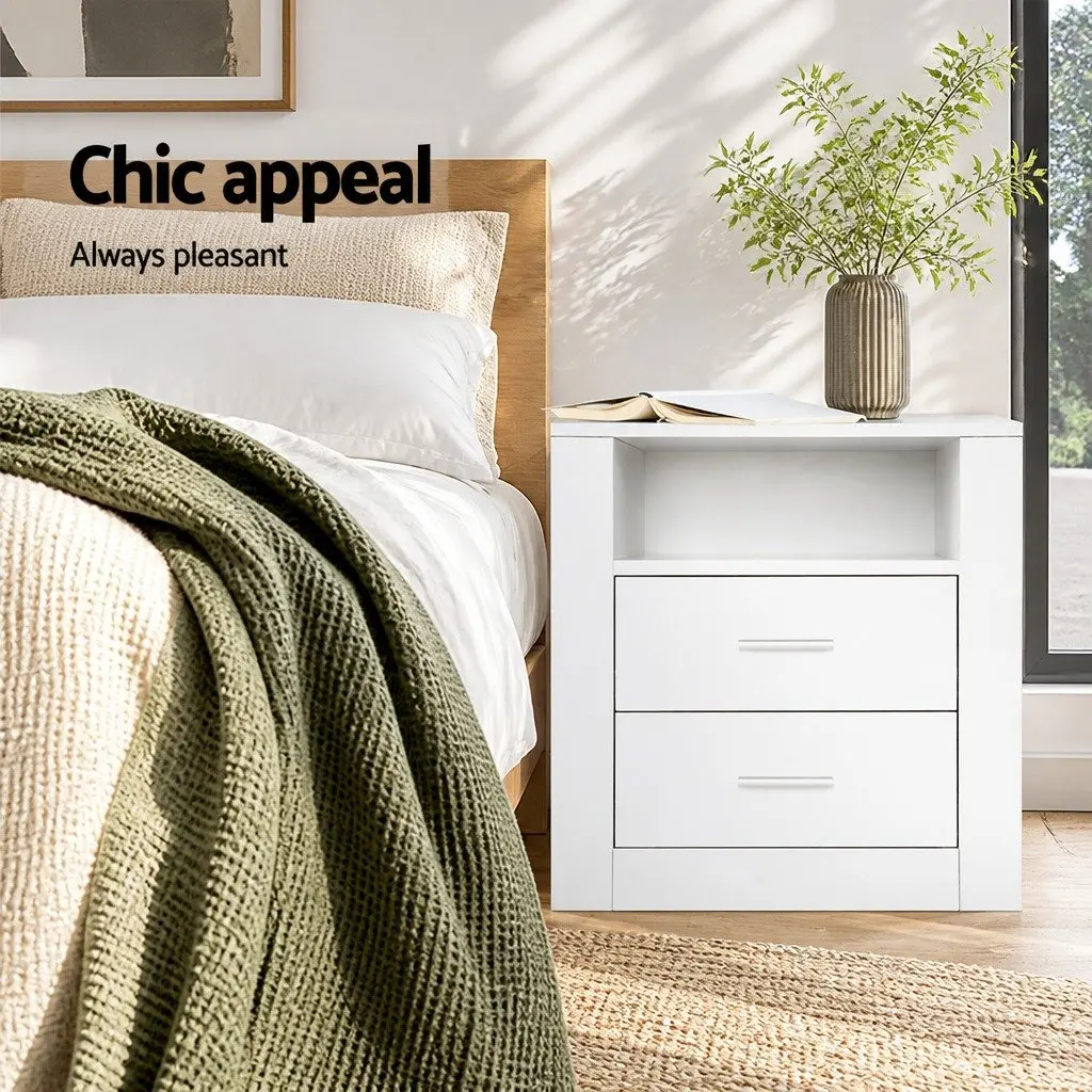 White Bedside Table with 2 Drawers and Shelf