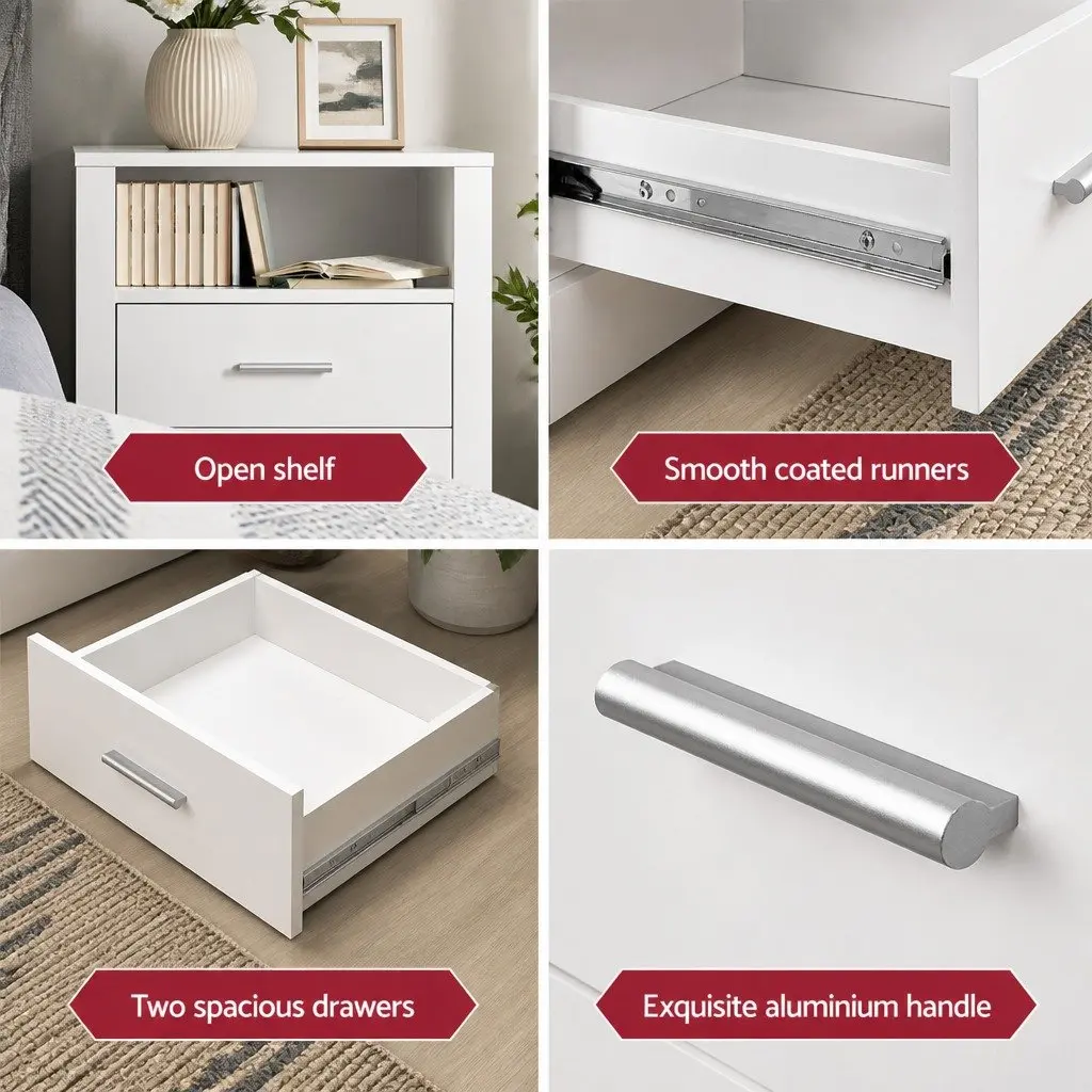 White Bedside Table with 2 Drawers and Shelf