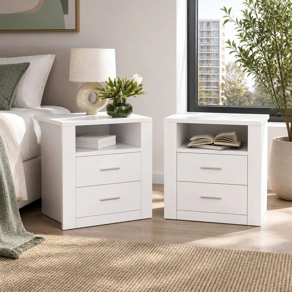 White Bedside Table with 2 Drawers and Shelf
