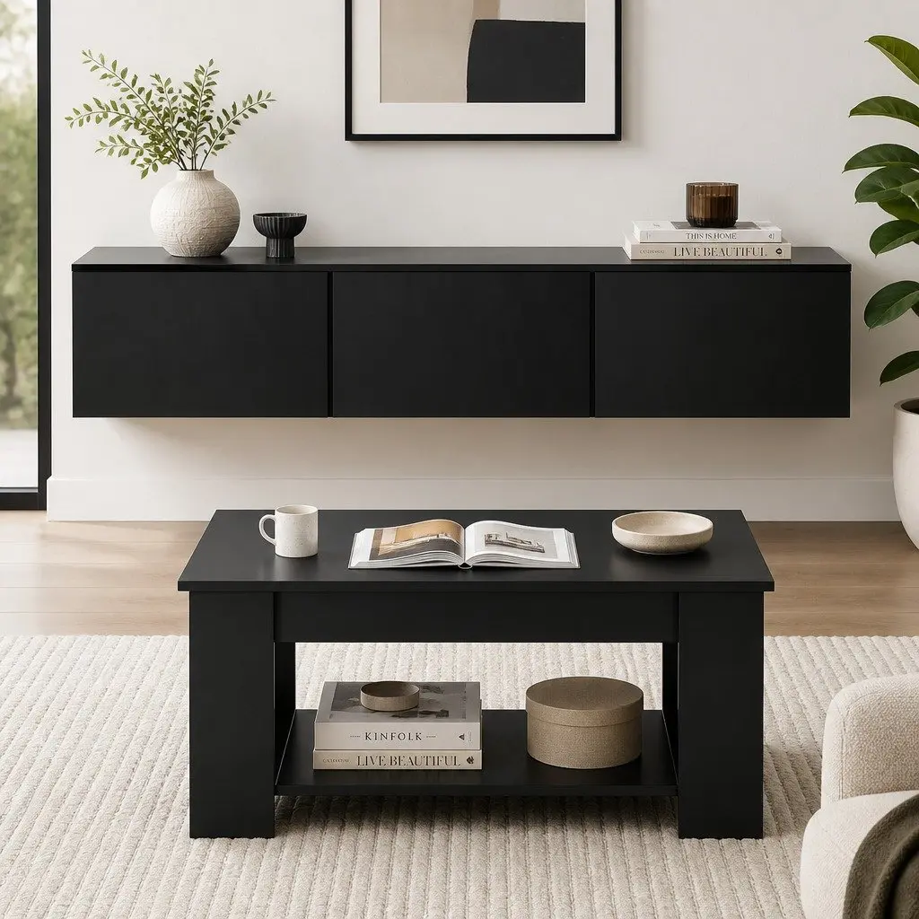 Black TV Unit & Coffee Table Set with Storage