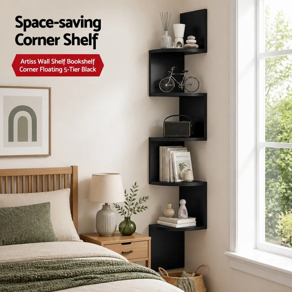 Corner Floating Shelf Particle Board 5-Tier Black 19 x 19 x 123cm
