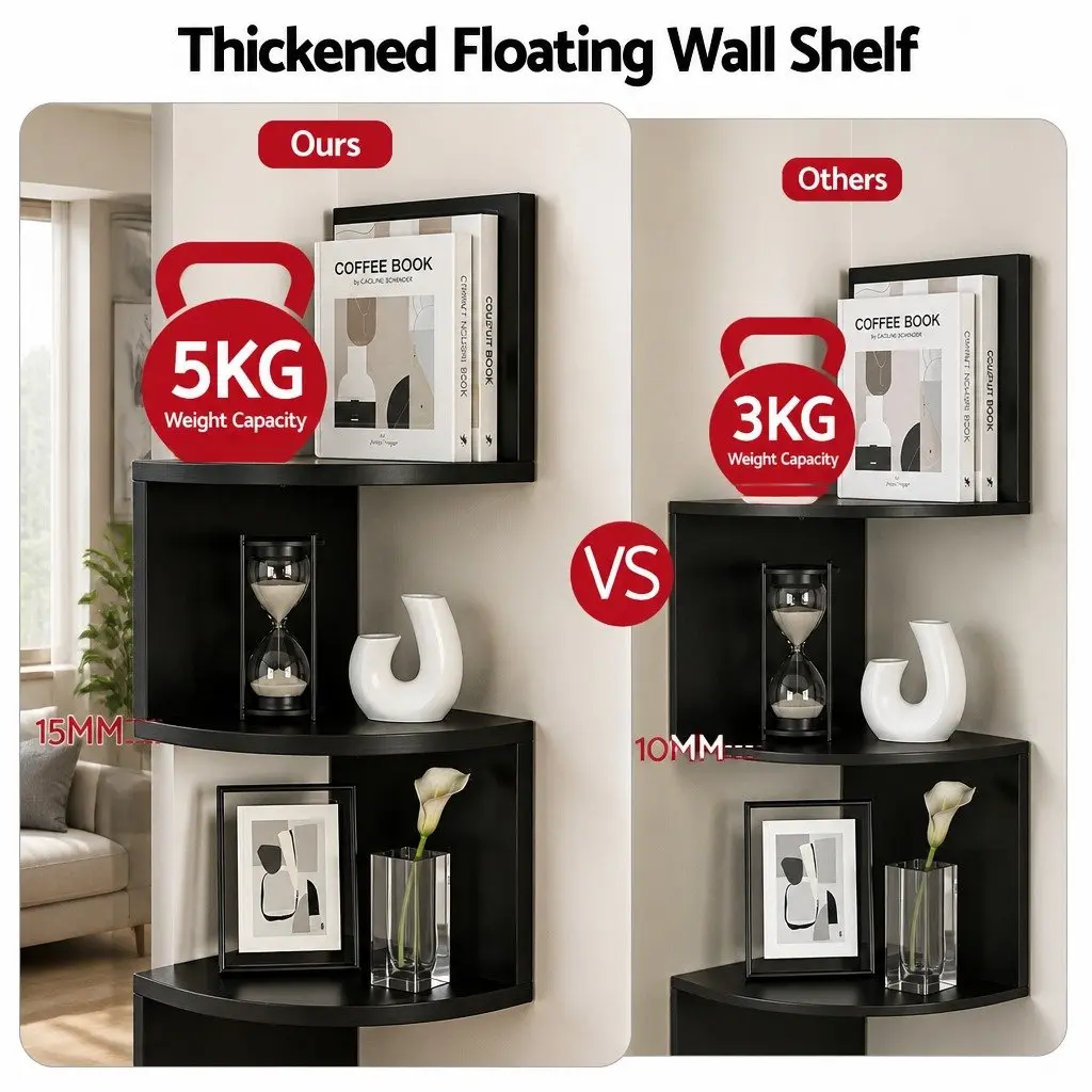 Corner Floating Shelf Particle Board 5-Tier Black 19 x 19 x 123cm