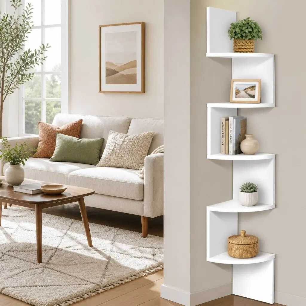 Corner Floating Shelf Particle Board 5-Tier White 19.3 x 19.3 x 123cm