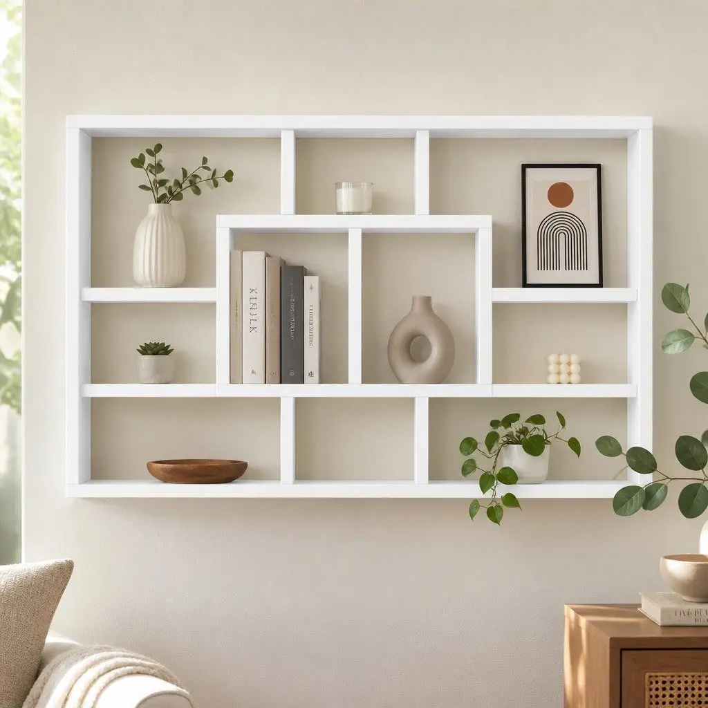 Floating Wall Shelf Particle Board 85cm White 8 Compartments