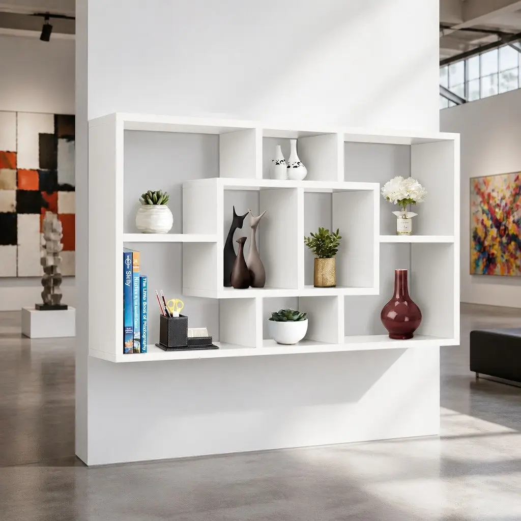 Floating Wall Shelf Particle Board 85cm White 8 Compartments