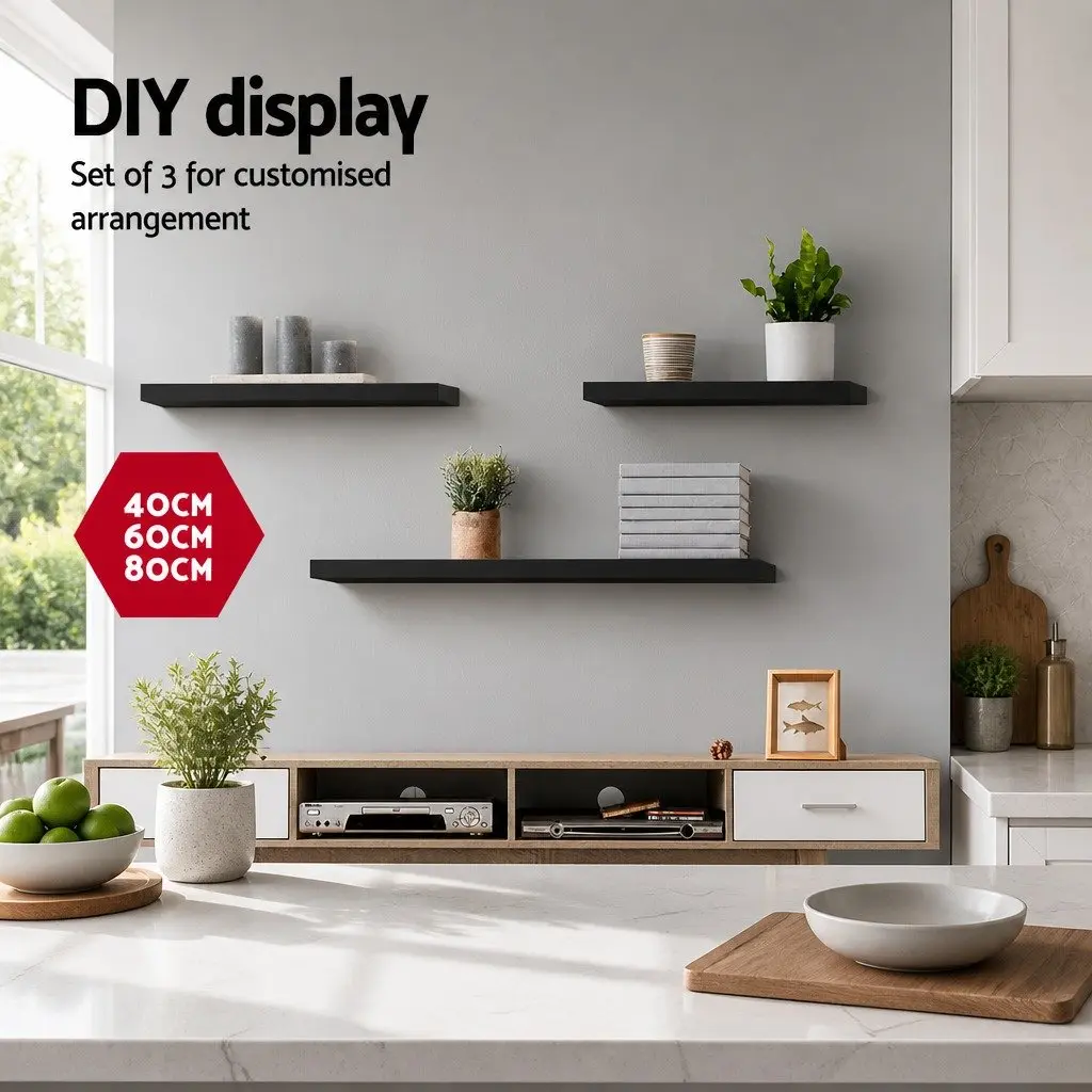 Floating Wall Shelf Honeycomb Board 3 Piece Set Black 20cm Width 40cm 60cm 80cm Length