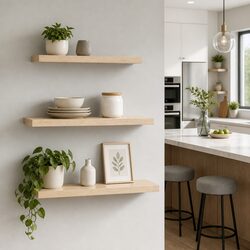 Set of 3 Oak Floating Wall Shelves for Home Office