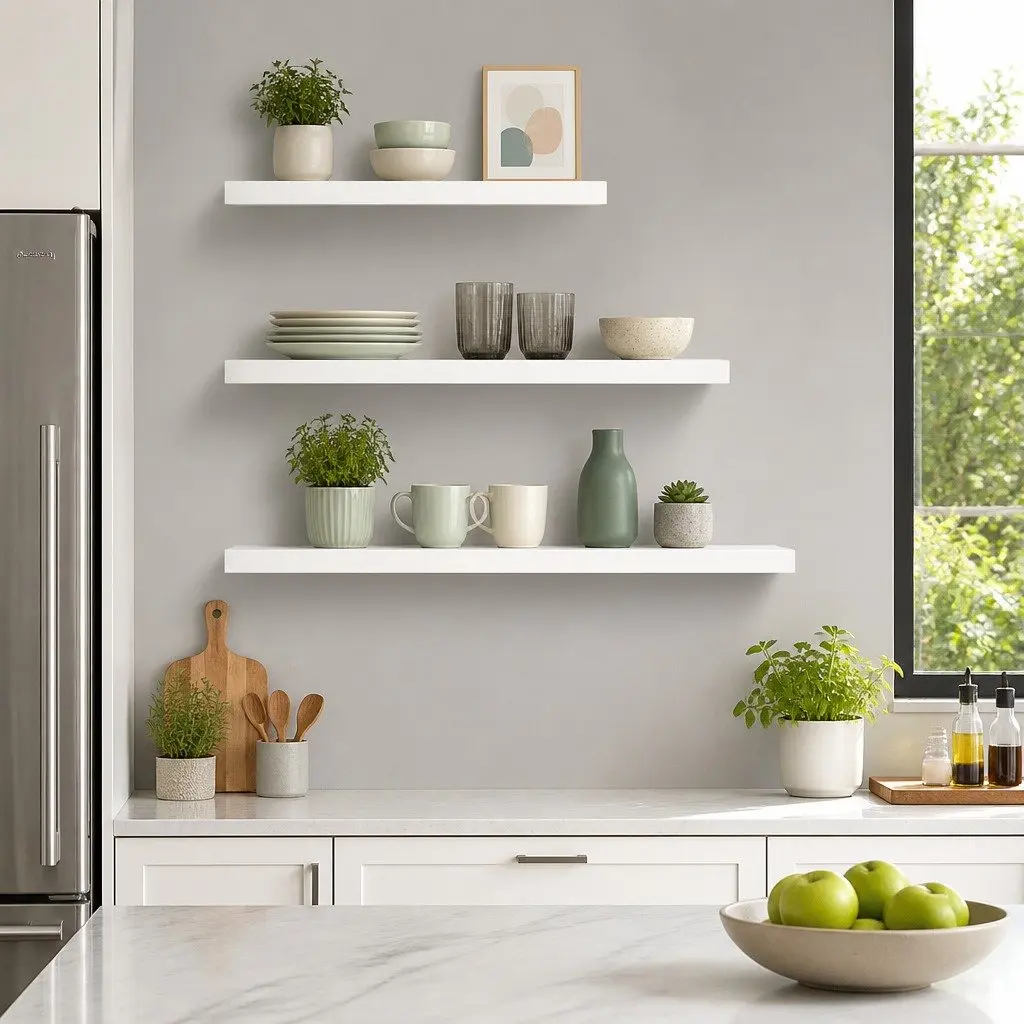 Set of 3 White Floating Wall Shelves for Display and Storage