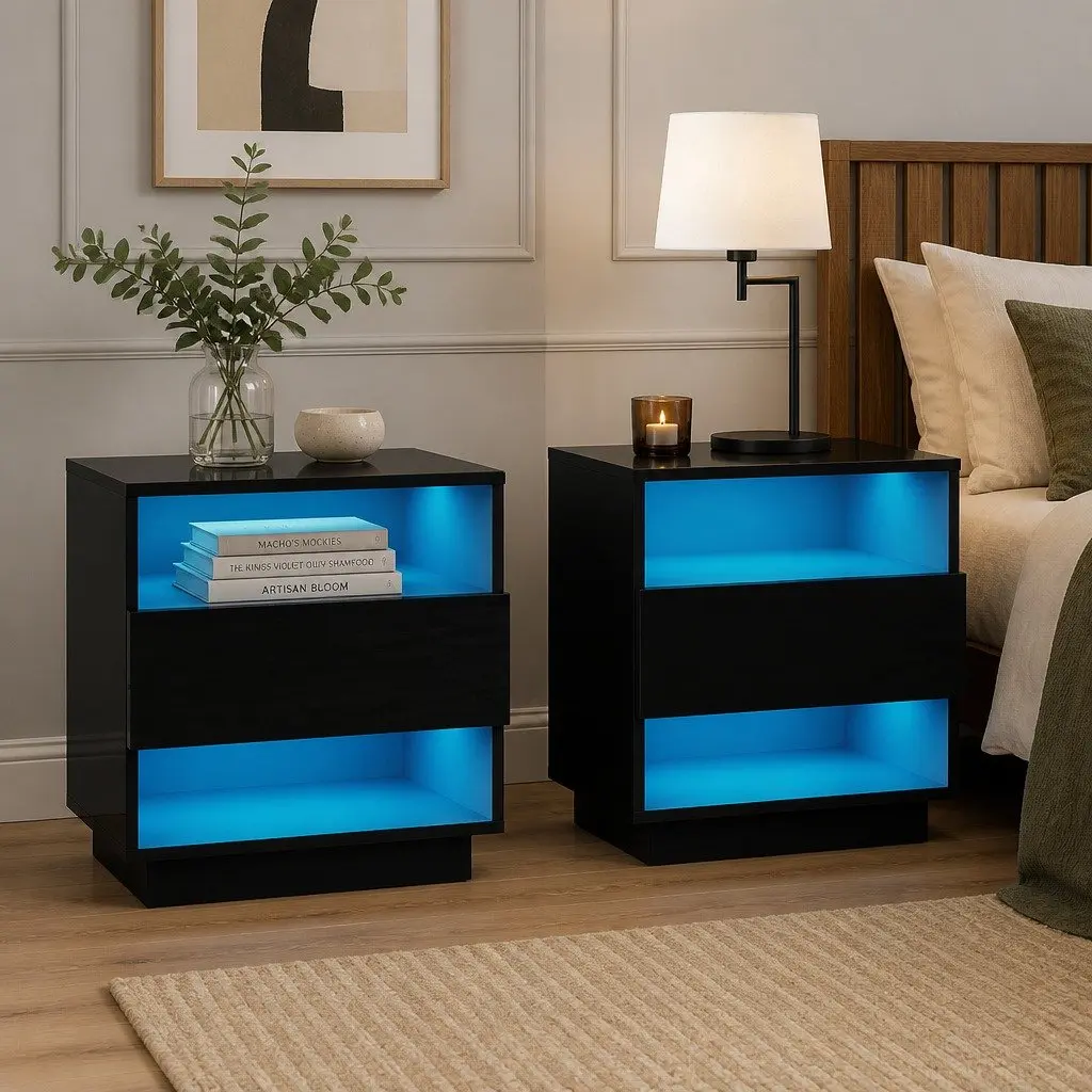 Black LED Bedside Table with 2 Shelves