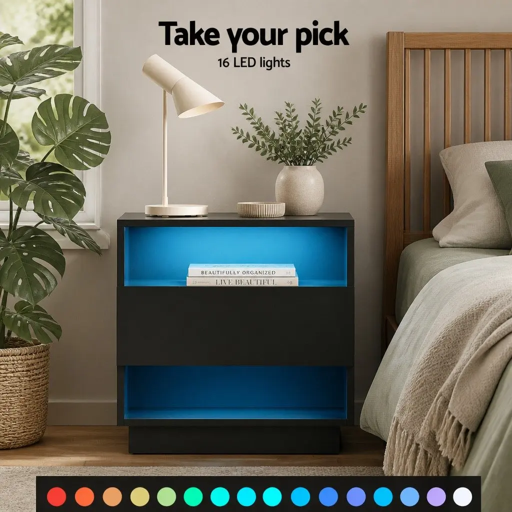Black LED Bedside Table with 2 Shelves